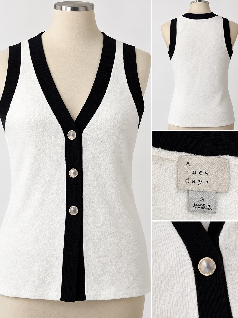 A New Day Black White Sleeveless Button Front Vest Size S
